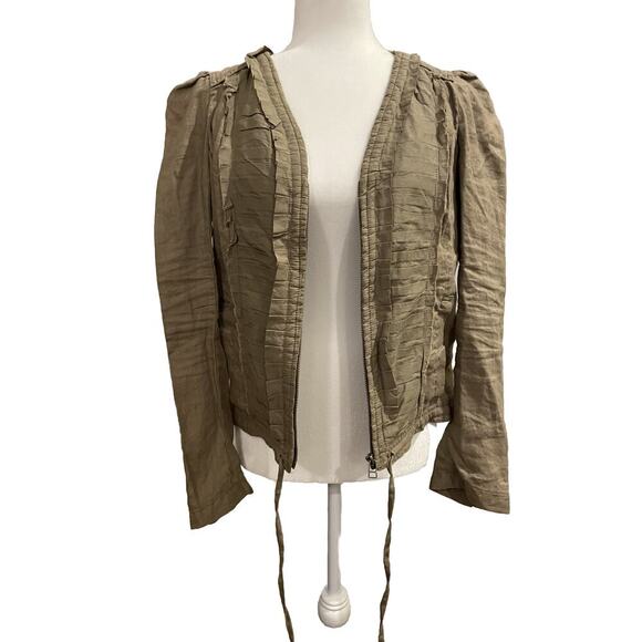 Anthropologie Hei Hei Bomber Jacket Linen Green Pleated Zip Military Sz 10 Top - Picture 2 of 8